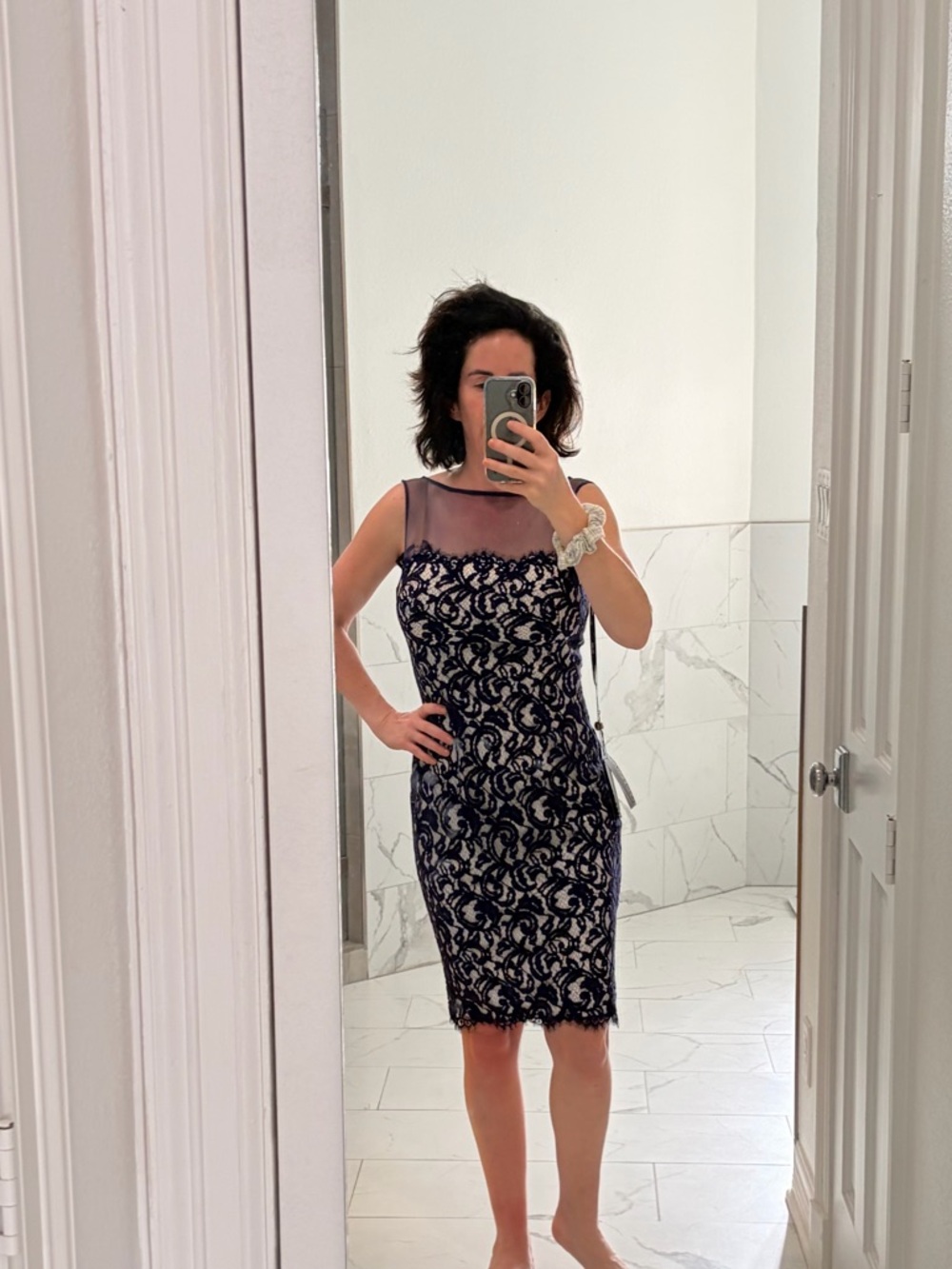 NEW- Tadashi Shoji Navy and Cream Lace Midi Dress with Illusion Yoke. Size 4.